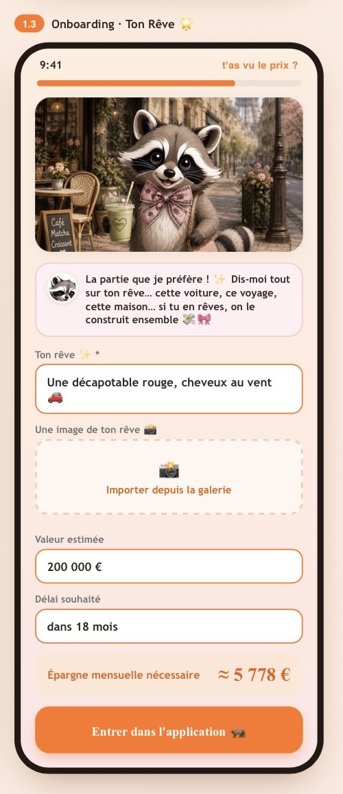 Maquette de l'écran Ton Rêve dans l'application T'as vu le prix ?